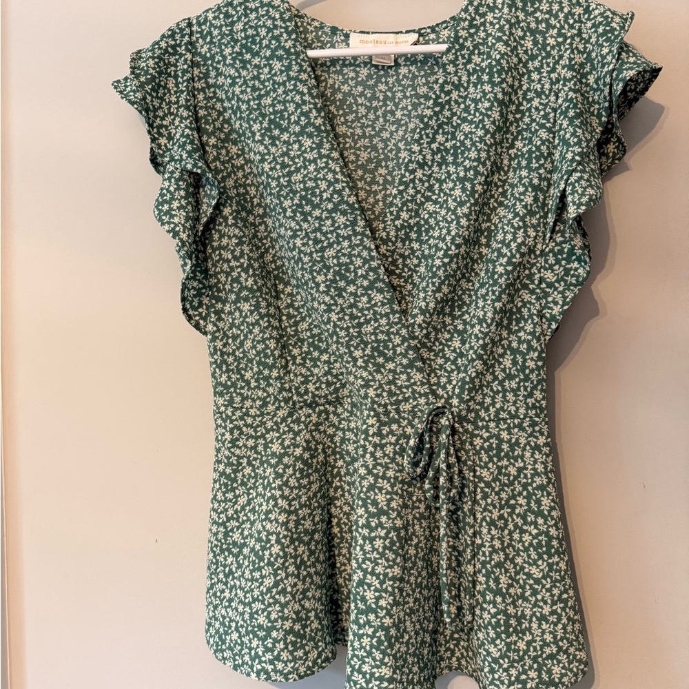 Green Floral Wrap Blouse